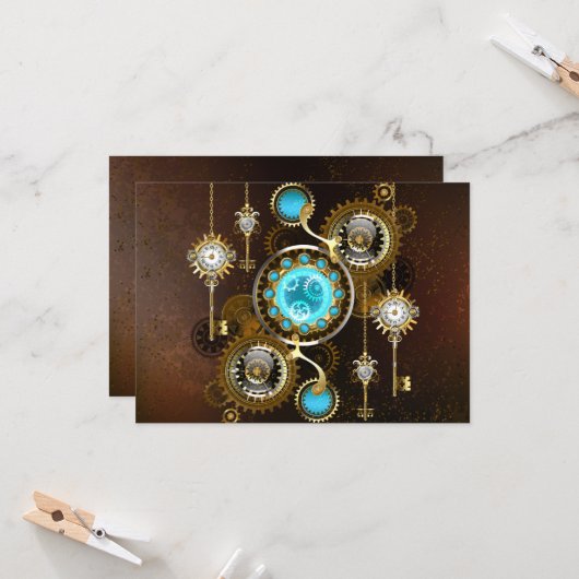 Steampunk Roestige Achtergrond met Turquoise Lenze Kaart (Voorkant / Achterkant in situ)