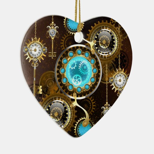 Steampunk Roestige Achtergrond met Turquoise Lenze Keramisch Ornament (Rechts)