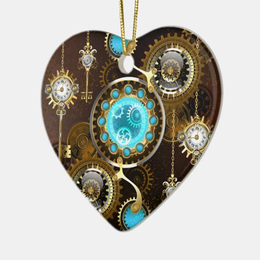 Steampunk Roestige Achtergrond met Turquoise Lenze Keramisch Ornament (Links)