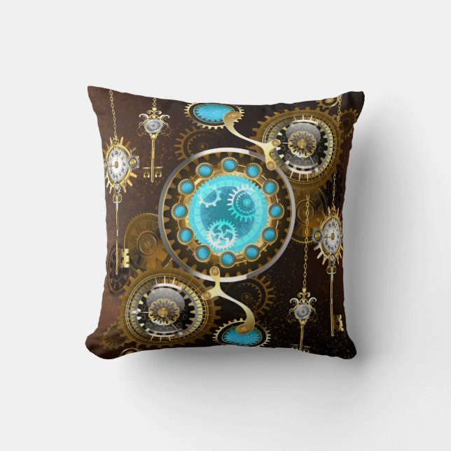 Steampunk Roestige Achtergrond met Turquoise Lenze Kussen (Voorkant)