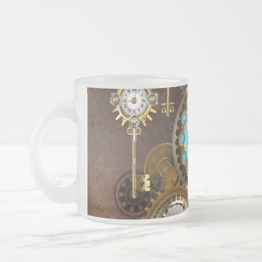 Steampunk roestige achtergrond met turquoise lenze matglas koffiemok (Links)