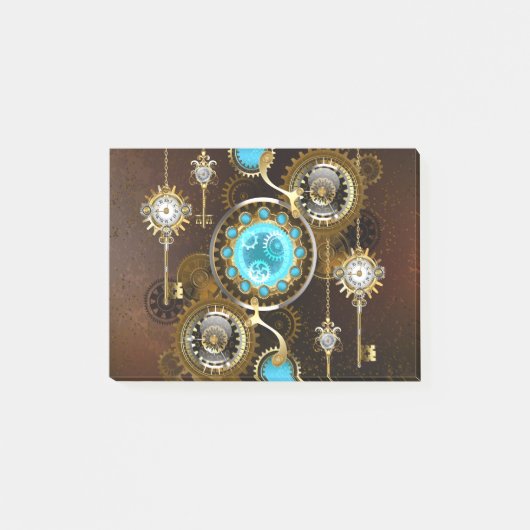 Steampunk roestige achtergrond met turquoise lenze post-it® notes (Voorkant)