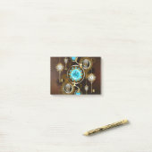 Steampunk roestige achtergrond met turquoise lenze post-it® notes (Op bureau)