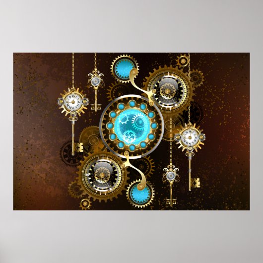 Steampunk Roestige Achtergrond met Turquoise Lenze Poster (Voorkant)