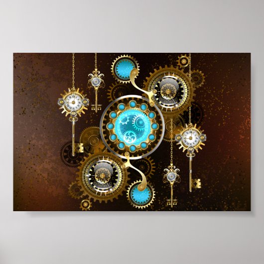 Steampunk roestige achtergrond met turquoise lenze poster (Voorkant)