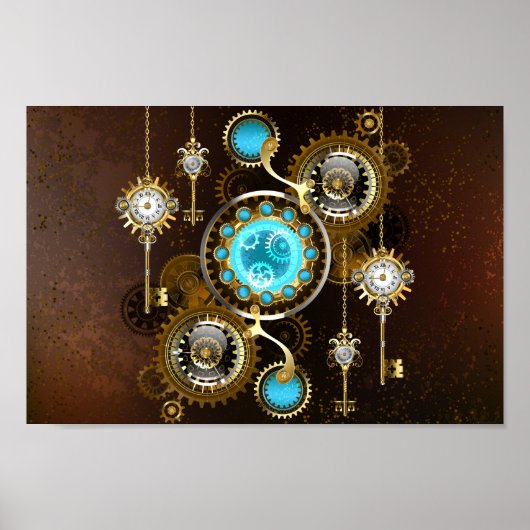 Steampunk Roestige Achtergrond met Turquoise Lenze Poster (Voorkant)