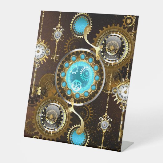 Steampunk Roestige Achtergrond met Turquoise Lenze Reclamebord Met Voetstuk (Voorkant)