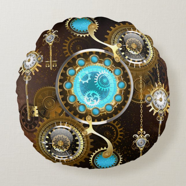 Steampunk Roestige Achtergrond met Turquoise Lenze Rond Kussen (Voorkant)