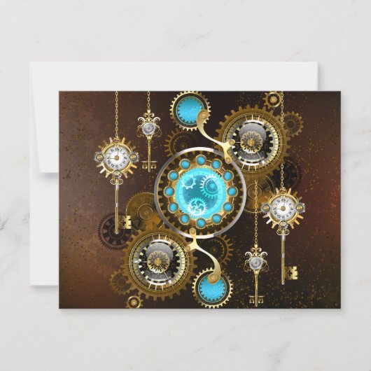 Steampunk Roestige Achtergrond met Turquoise Lenze RSVP Kaartje (Voorkant)