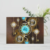 Steampunk roestige achtergrond met turquoise lenze save the date (Staand voorkant)