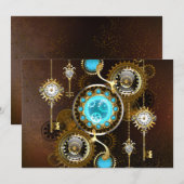 Steampunk roestige achtergrond met turquoise lenze save the date (Voorkant / Achterkant)