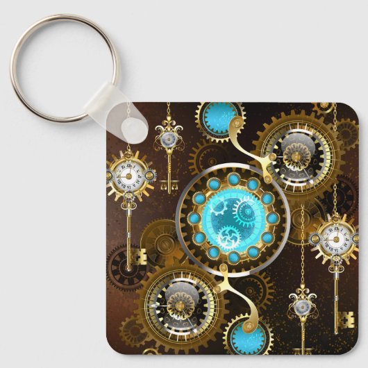 Steampunk Roestige Achtergrond met Turquoise Lenze Sleutelhanger (Voorkant)