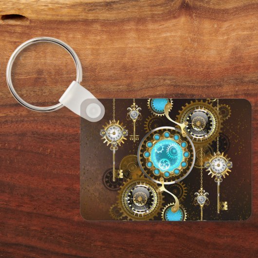 Steampunk roestige achtergrond met turquoise lenze sleutelhanger (Achterkant)