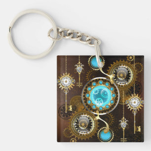 Steampunk roestige achtergrond met turquoise lenze sleutelhanger