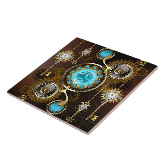 Steampunk Roestige Achtergrond met Turquoise Lenze Tegeltje (Zijkant)