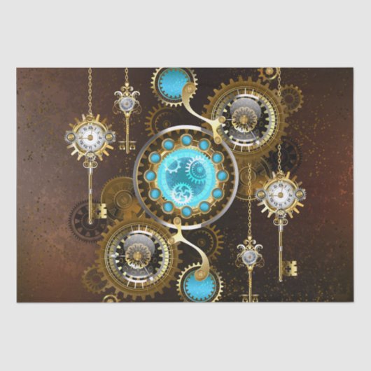 Steampunk Roestige Achtergrond met Turquoise Lenze Tissuepapier (Voorkant)