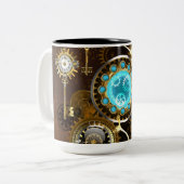Steampunk Roestige Achtergrond met Turquoise Lenze Tweekleurige Koffiemok (Voorkant links)