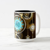 Steampunk Roestige Achtergrond met Turquoise Lenze Tweekleurige Koffiemok (Voorkant rechts)
