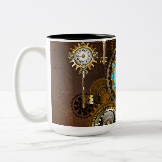 Steampunk Roestige Achtergrond met Turquoise Lenze Tweekleurige Koffiemok (Links)