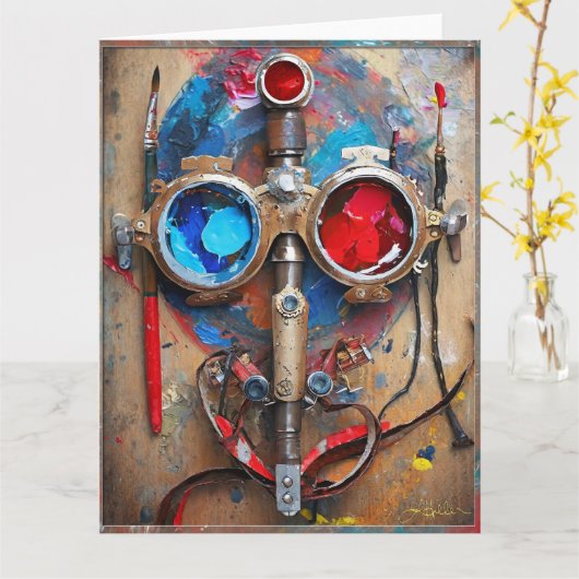 Steampunk Rood Blauwe Goggles Graffiti Kaart (Gele Bloem)