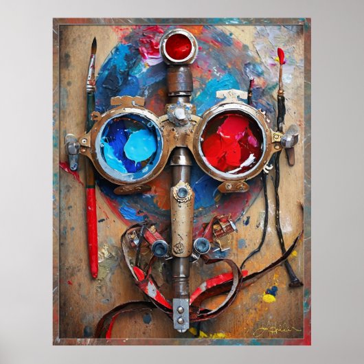 Steampunk Rood Blauwe Goggles Graffiti Poster (Voorkant)