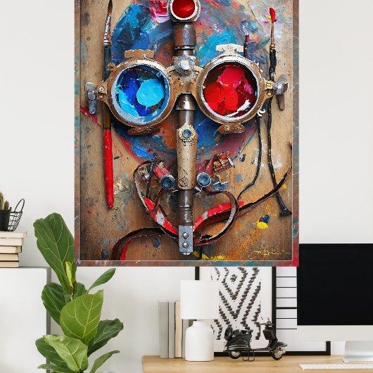 Steampunk Rood Blauwe Goggles Graffiti Poster (Thuiskantoor)