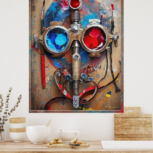 Steampunk Rood Blauwe Goggles Graffiti Poster (Keuken)