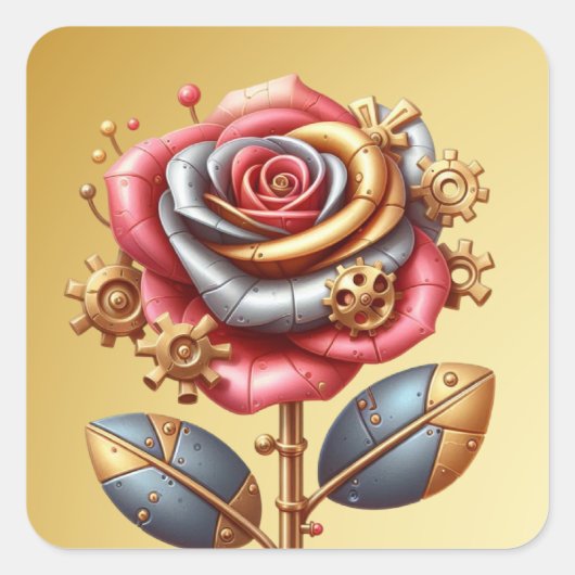 Steampunk Rood en Goud Roos Vierkante Sticker (Voorkant)