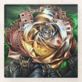 Steampunk Roos met surrealistisch gezicht - Mechan Glazen Onderzetter