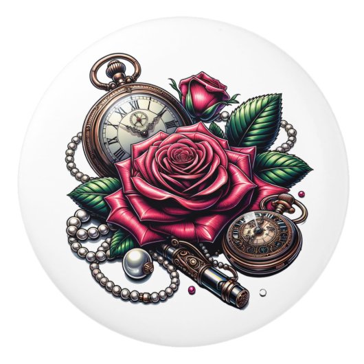Steampunk Rose, Metal Key and Pocket Watch Keramische Knop (Voorkant)