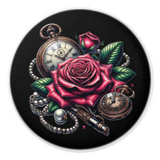 Steampunk Rose, Metal Key and Pocket Watch Keramische Knop