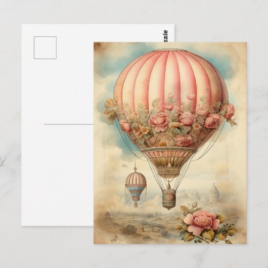  Steampunk Roze Bloemen Hete Luchtballon Briefkaart (Voorkant / Achterkant)