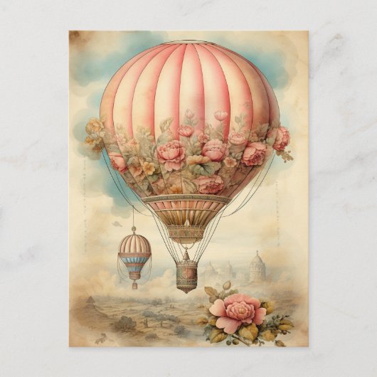  Steampunk Roze Bloemen Hete Luchtballon Briefkaart (Voorkant)