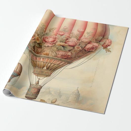 Steampunk Roze Bloemen Hete Luchtballon Cadeaupapier (Uitgerold)