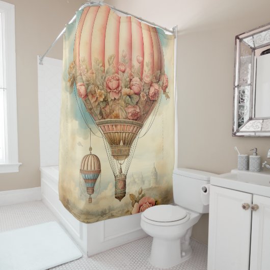  Steampunk Roze Bloemen Hete Luchtballon Douchegordijn (In situ)