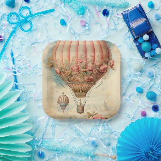  Steampunk Roze Bloemen Hete Luchtballon Papieren Bordje (Feest)