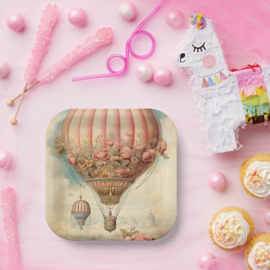  Steampunk Roze Bloemen Hete Luchtballon Papieren Bordje (Feest)