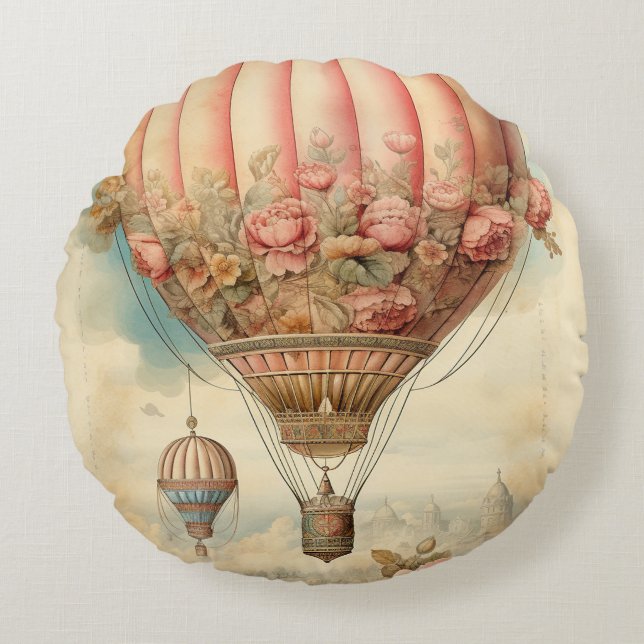  Steampunk Roze Bloemen Hete Luchtballon Rond Kussen (Voorkant)