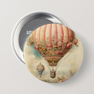  Steampunk Roze Bloemen Hete Luchtballon Ronde Button 7,6 Cm