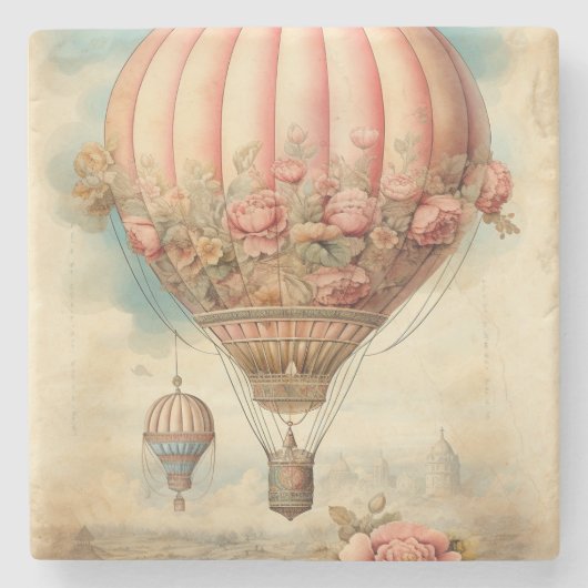 Steampunk Roze Bloemen Hete Luchtballon Stenen Onderzetter (Voorkant)
