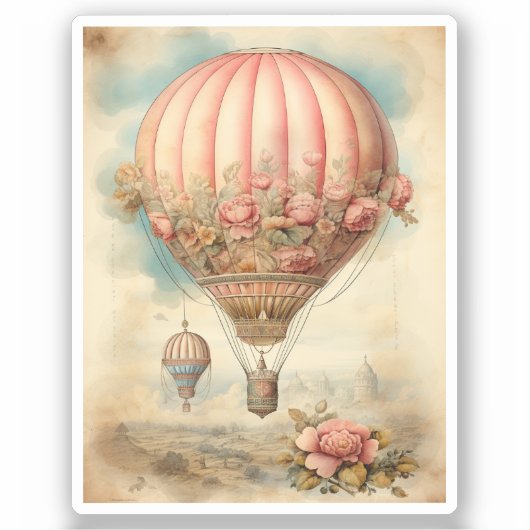  Steampunk Roze Bloemen Hete Luchtballon Sticker (Voorkant)