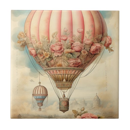  Steampunk Roze Bloemen Hete Luchtballon Tegeltje (Voorkant)