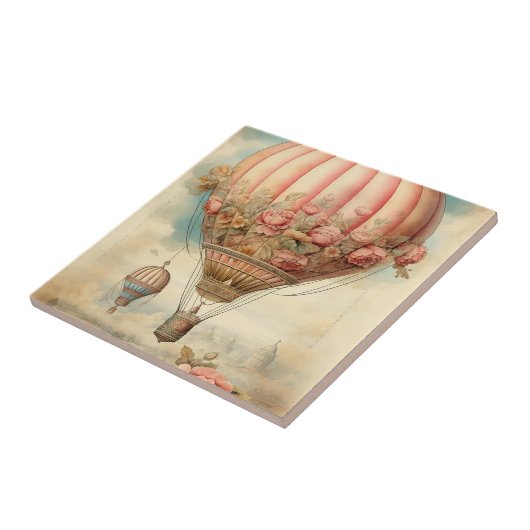  Steampunk Roze Bloemen Hete Luchtballon Tegeltje (Zijkant)