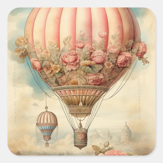 Steampunk Roze Bloemen Hete Luchtballon Vierkante Sticker (Voorkant)