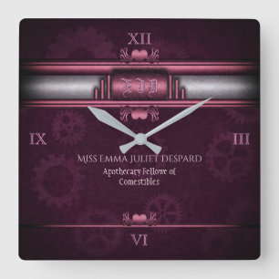 Steampunk, roze harten en tandwielen, monogram vierkante klok