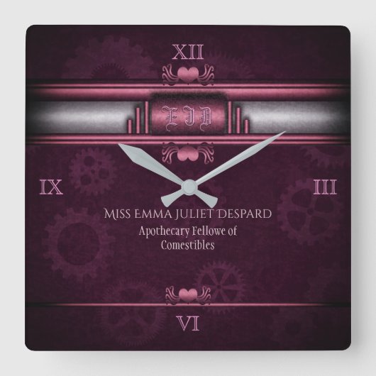 Steampunk, roze harten en tandwielen, monogram vierkante klok (Voorkant)