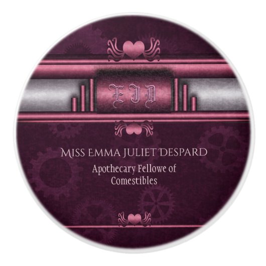 Steampunk, roze harten in tandwielen met monogram keramische knop (Voorkant)