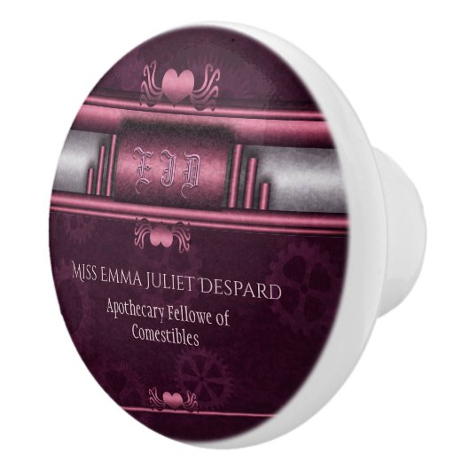 Steampunk, roze harten in tandwielen met monogram keramische knop (Rechts)