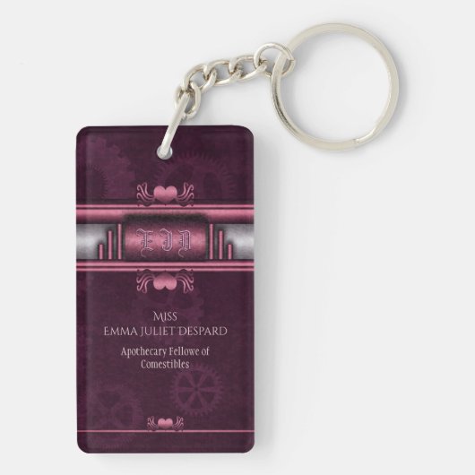Steampunk, roze harten in tandwielen met monogram sleutelhanger (achterkant)