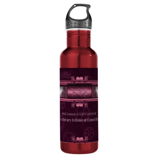Steampunk, roze harten op tandwielen, Monogram Waterfles (Voorkant)